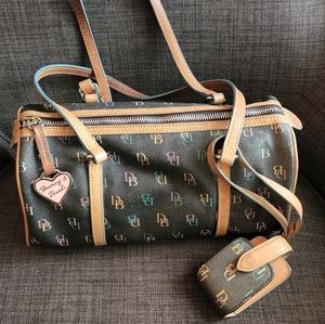 Dooney & Bourke Vintage Black/Gray Logo Barrel w/ Rainbow Zipper Leather Satchel